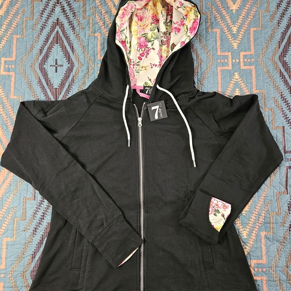 7 Degree Tops - Floral Lined Black Hoodie for Women